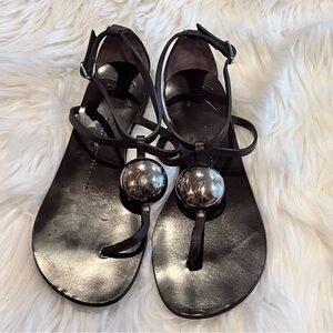 Giuseppe Zanotti Logo Ball Ornament Flat Ankle Strap Brown Leather Thong Sandals